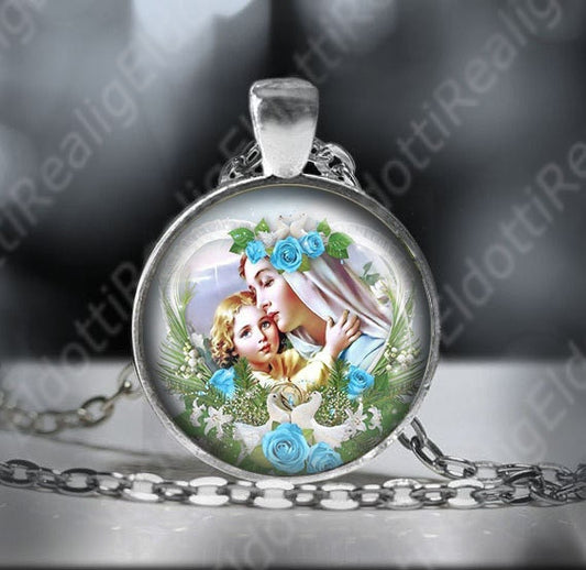 Our Blessed Virgin Mother Mary w Baby Jesus Necklace. Catholic Religious Pendant. Christian Necklace