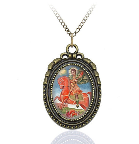 St Dimitri Necklace Orthodox Pendant Jewelry Medal Oval Style Charm Bronze w Chain