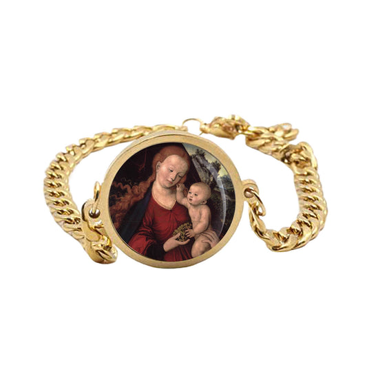 Our Lady Grapes Curb Bracelet Gold or Silver tone Religious Jewelry Simple Chain