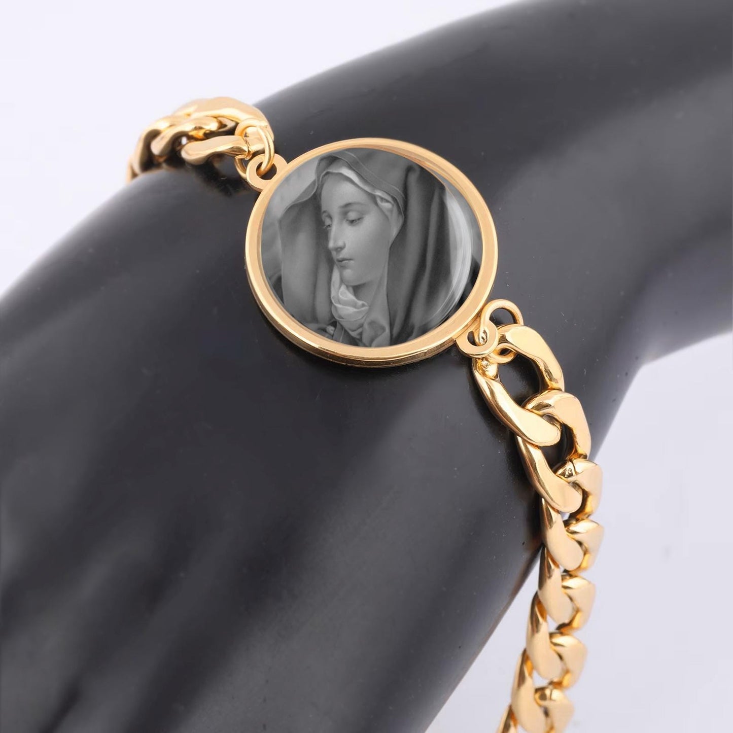 Our Lady Sorrows Black Mother Mary Curb Bracelet Gold or Silver tone Religious Jewelry Simple Chain