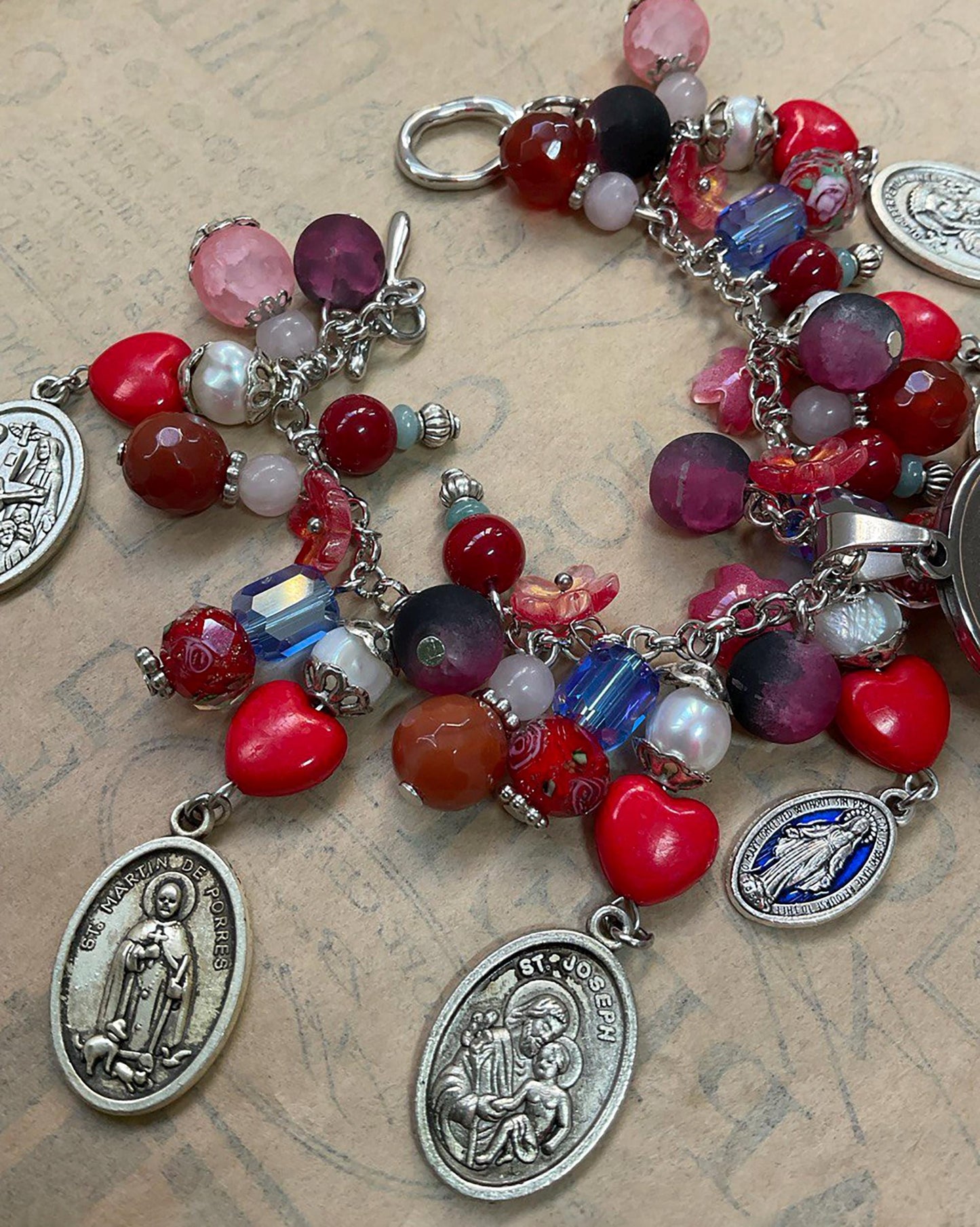Immaculate Mary and Sacred Heart Jesus Catholic Religious Handmade Bracelet with Gemstones