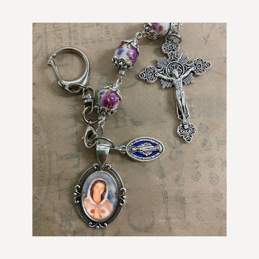 Miraculous Medal Three Hail Mary Chaplet Our Lady Rosa Mystica With Stunning Ceramic Floral beads  Devotional Medal Crucifix and Keychain