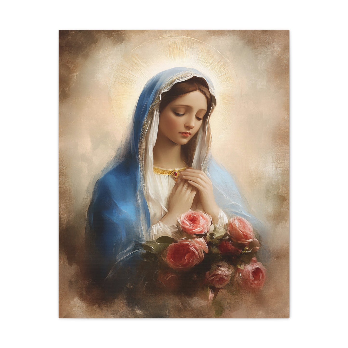 Mother Mary with Roses Catholic Canvas Wall Art, Christian Decor