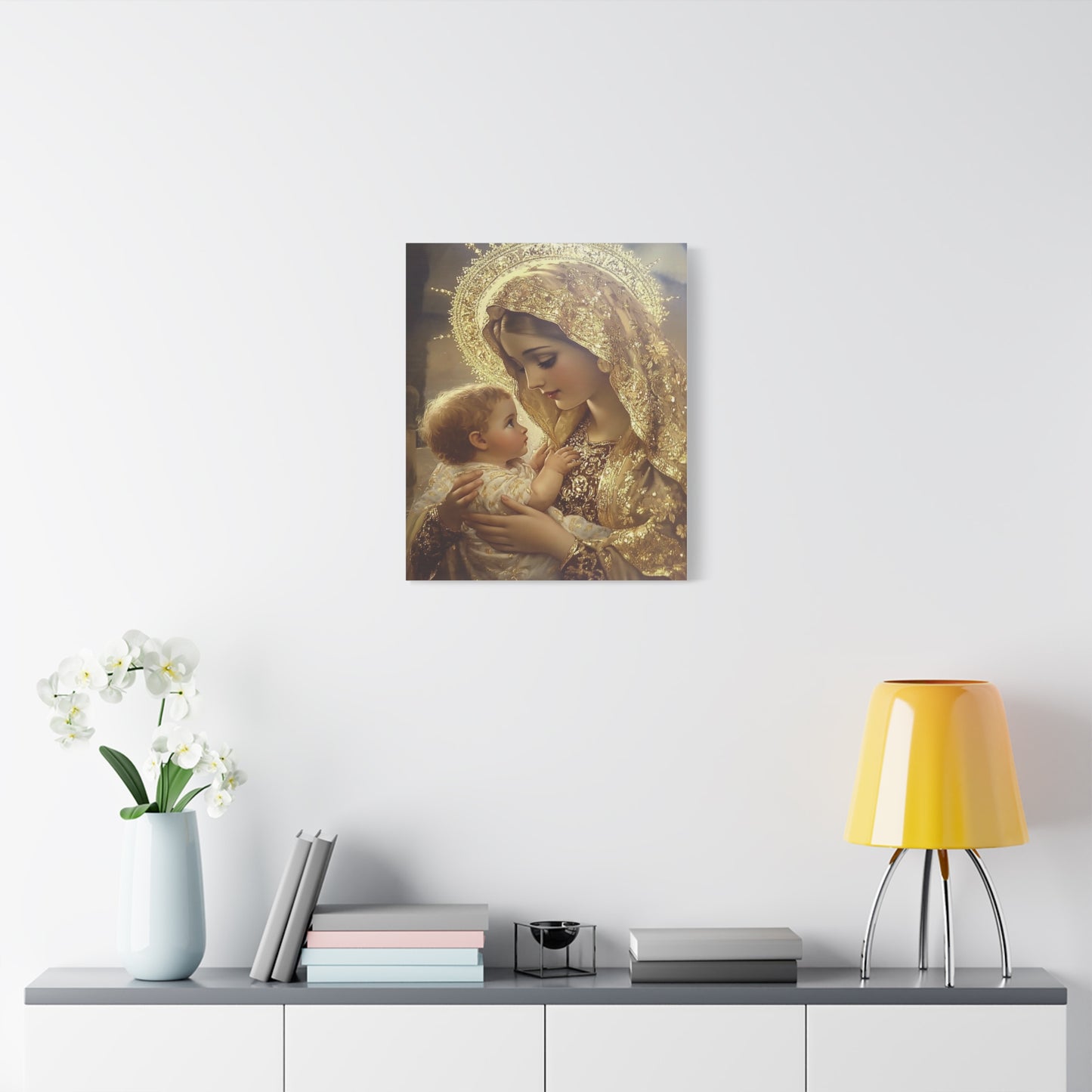 Mary and Baby in Gold Catholic Canvas Wall Art, Christian Decor