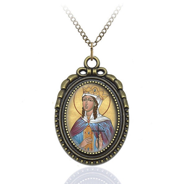 St Irene Religious Necklace. Patron Saint Catholic Antique Bronze Pendant. Catholic Christian Medal
