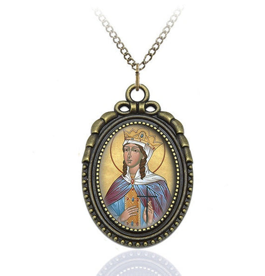 St Irene Religious Necklace. Patron Saint Catholic Antique Bronze Pendant. Catholic Christian Medal