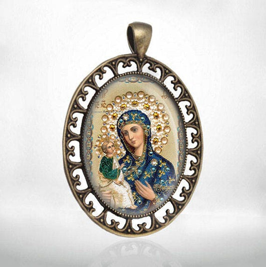 Holy Mother Virgin Mary Medal Bronze Tone Christian Oval Pendant Orthodox Icon