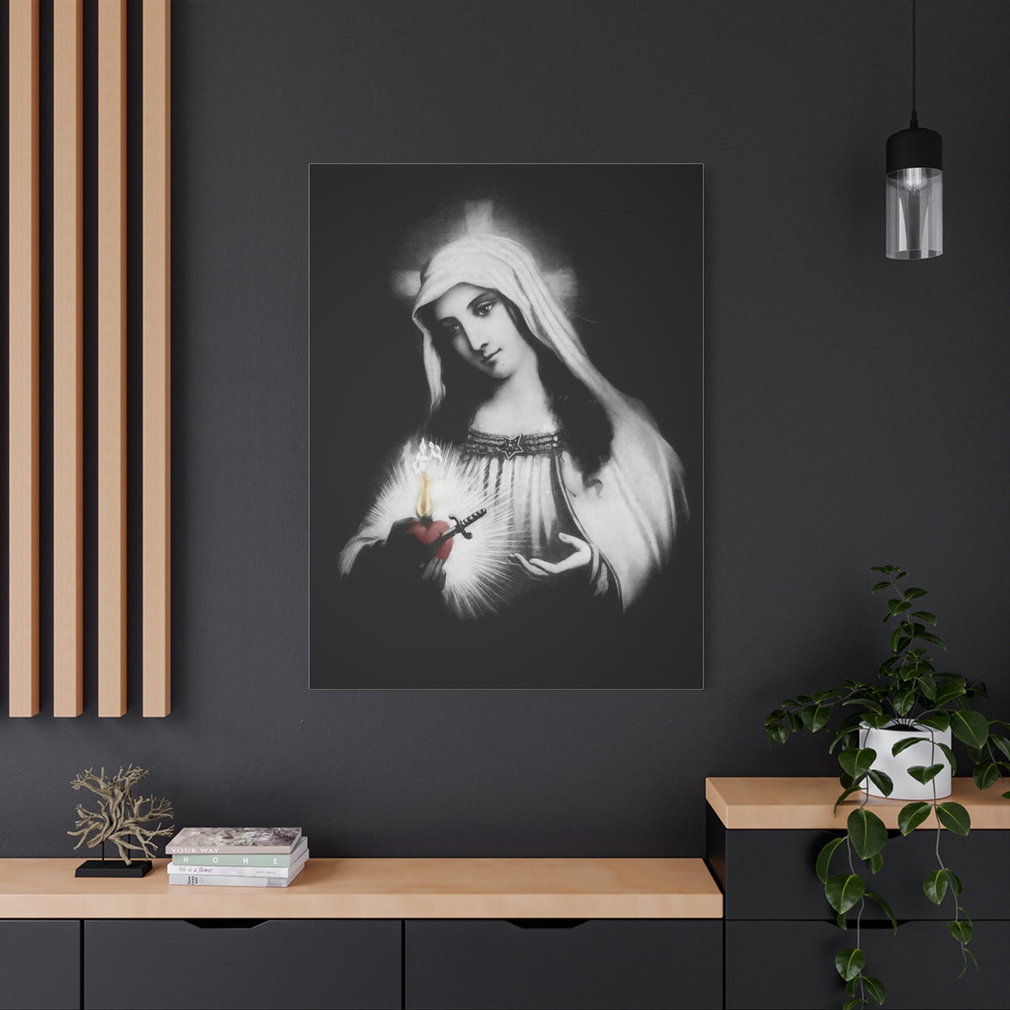 Ready To Hang - Mother Mary Immaculate Heart Catholic Sorrowful Mary Canvas Wall Art, Christian Decor Black and White