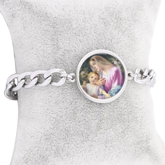 Our Lady Rosary Madonna Curb Bracelet Gold or Silver tone Religious Jewelry Simple Chain