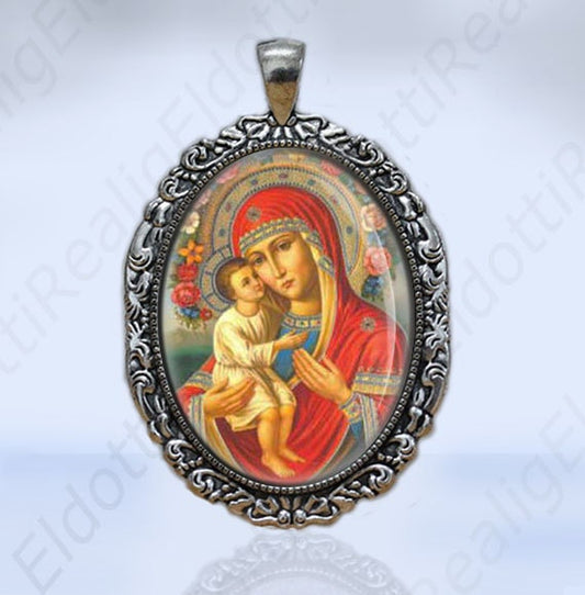 Theotokos Orthodox Mary in Red w Child Jesus Christ Christian Medal Silvertone Pendant Charm