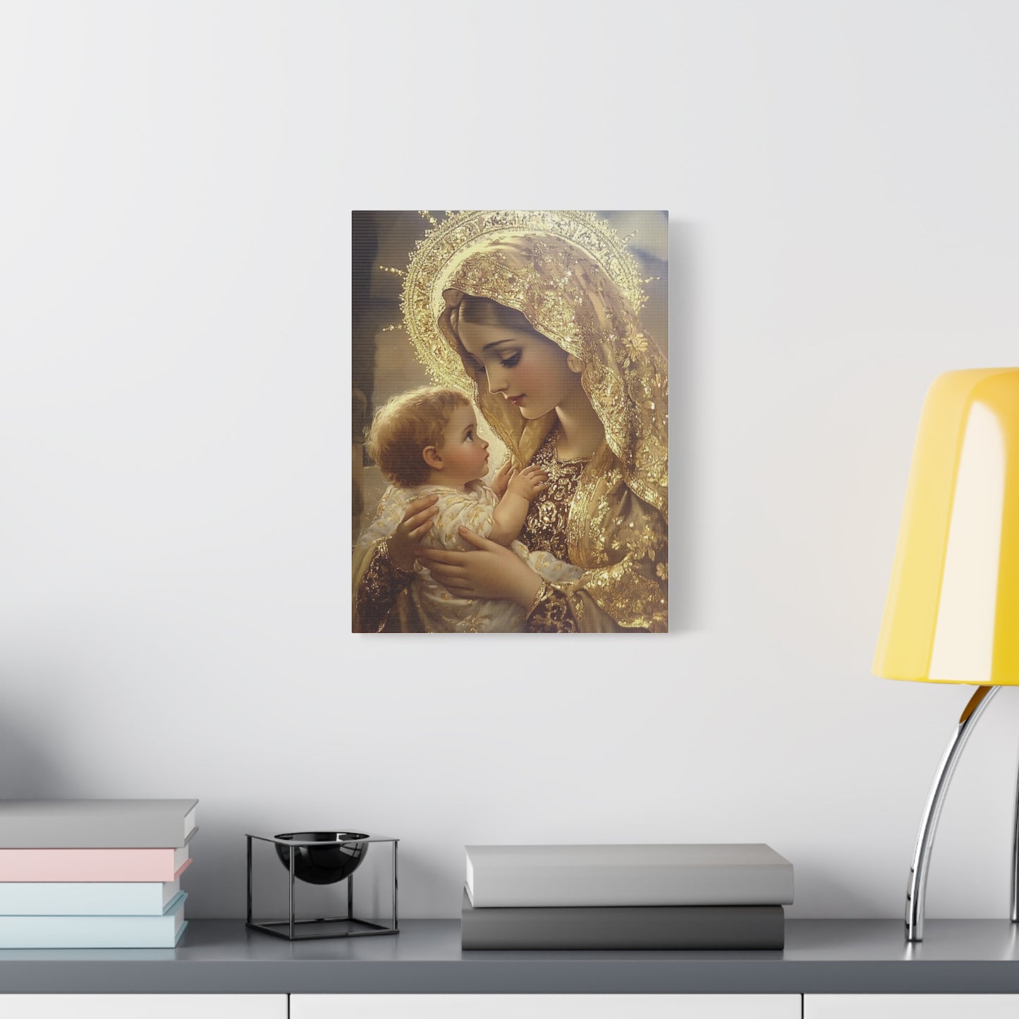 Mary and Baby in Gold Catholic Canvas Wall Art, Christian Decor