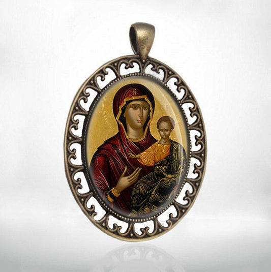 Hodegetria Pointing the Way Theotokos Medal Bronze Pendant Mary and Jesus Baby Religious  Style Jewelry