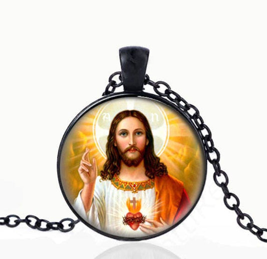JESUS Sacred Heart Catholic Necklace. Black Pendant. CATHOLIC Christian Medal.