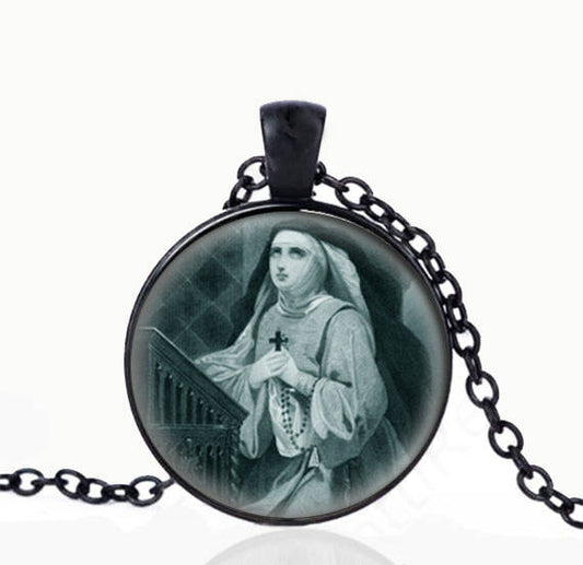 St EDITH of Wilton (Editha or Ediva) Catholic Necklace Black Pendant. Catholic Christian Pendant.