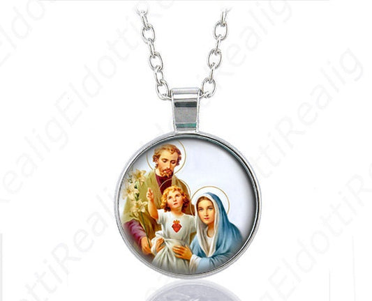 Holy Family Catholic Joseph Mary Child Jesus Necklace Medal Silver Tone Pendant Chain Jewelry