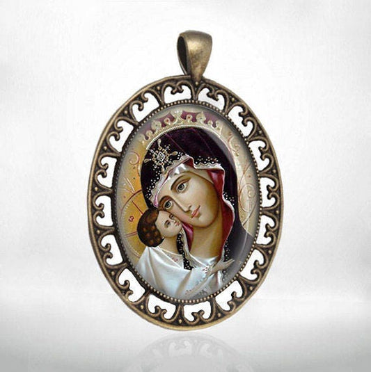 Mother of God Theotokos Large Pendant. Orthodox Virgin Mary Medal Orthodox Icon
