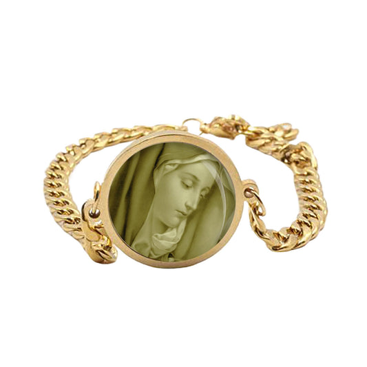 Our Lady Sorrows Mary Curb Bracelet Gold or Silver tone Religious Jewelry Simple Chain