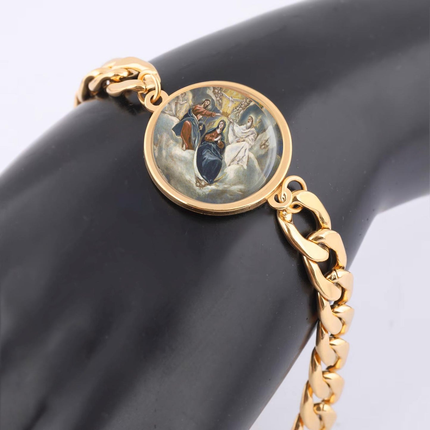 Our Lady Coronation Of The Virgin Mary Curb Bracelet Gold or Silver tone Religious Jewelry Simple Chain