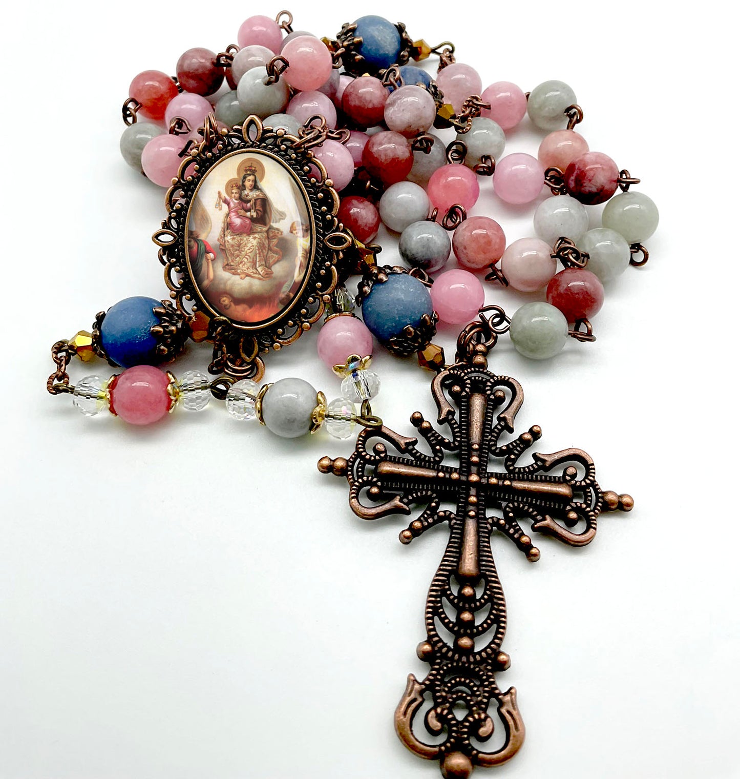 Our Lady of Mount Carmel Rosary Rainbow Jade and Matte Lapis Lazuli Beads