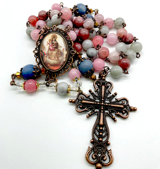 Our Lady of Mount Carmel Rosary Rainbow Jade and Matte Lapis Lazuli Beads