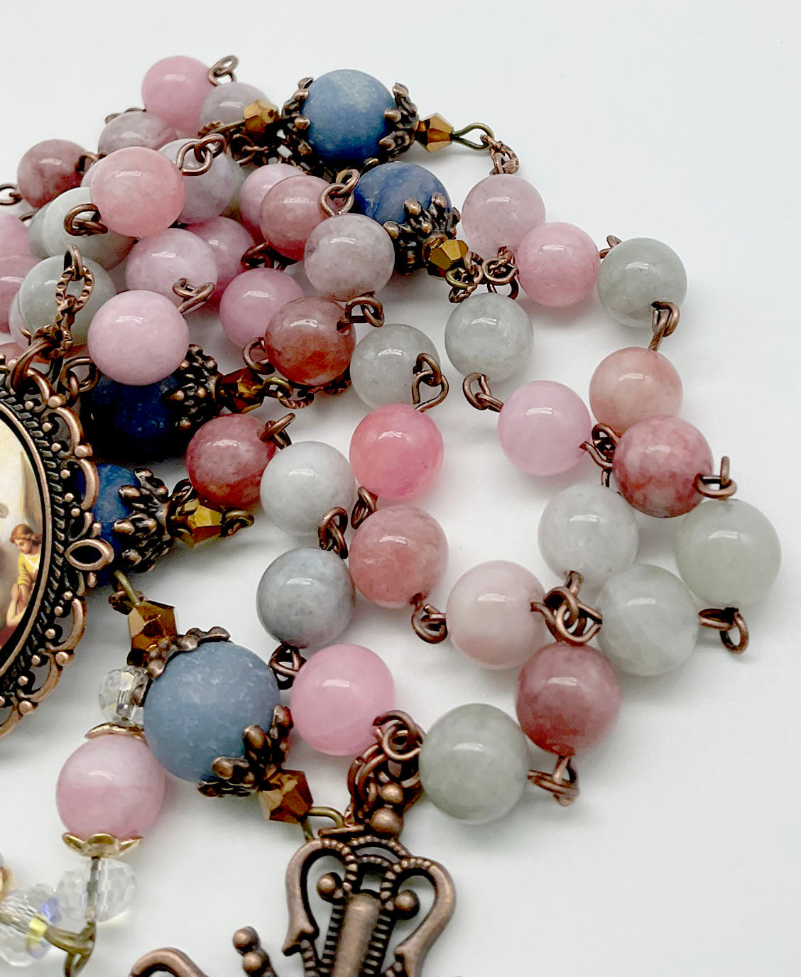 Our Lady of Mount Carmel Rosary Rainbow Jade and Matte Lapis Lazuli Beads