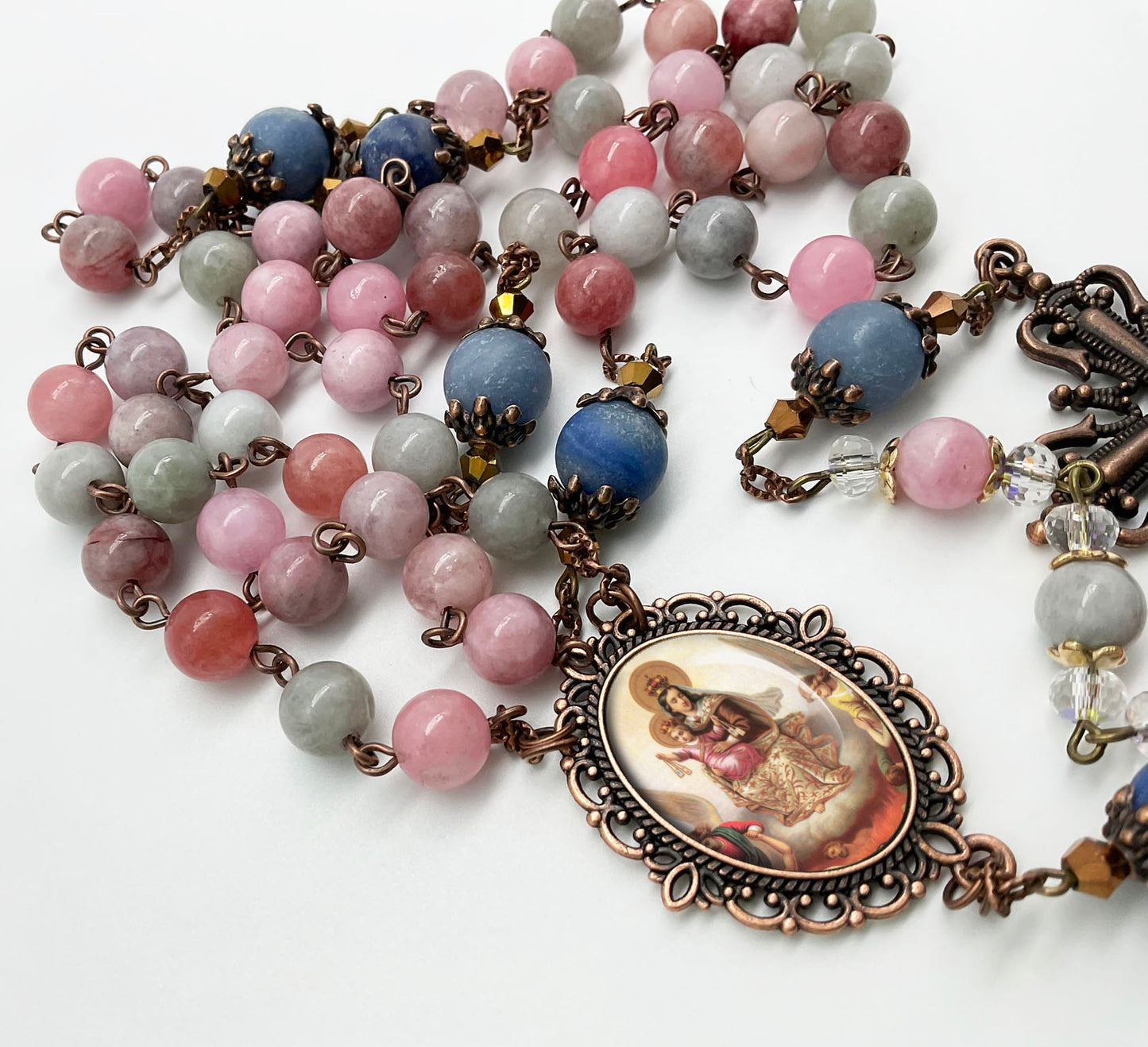 Our Lady of Mount Carmel Rosary Rainbow Jade and Matte Lapis Lazuli Beads