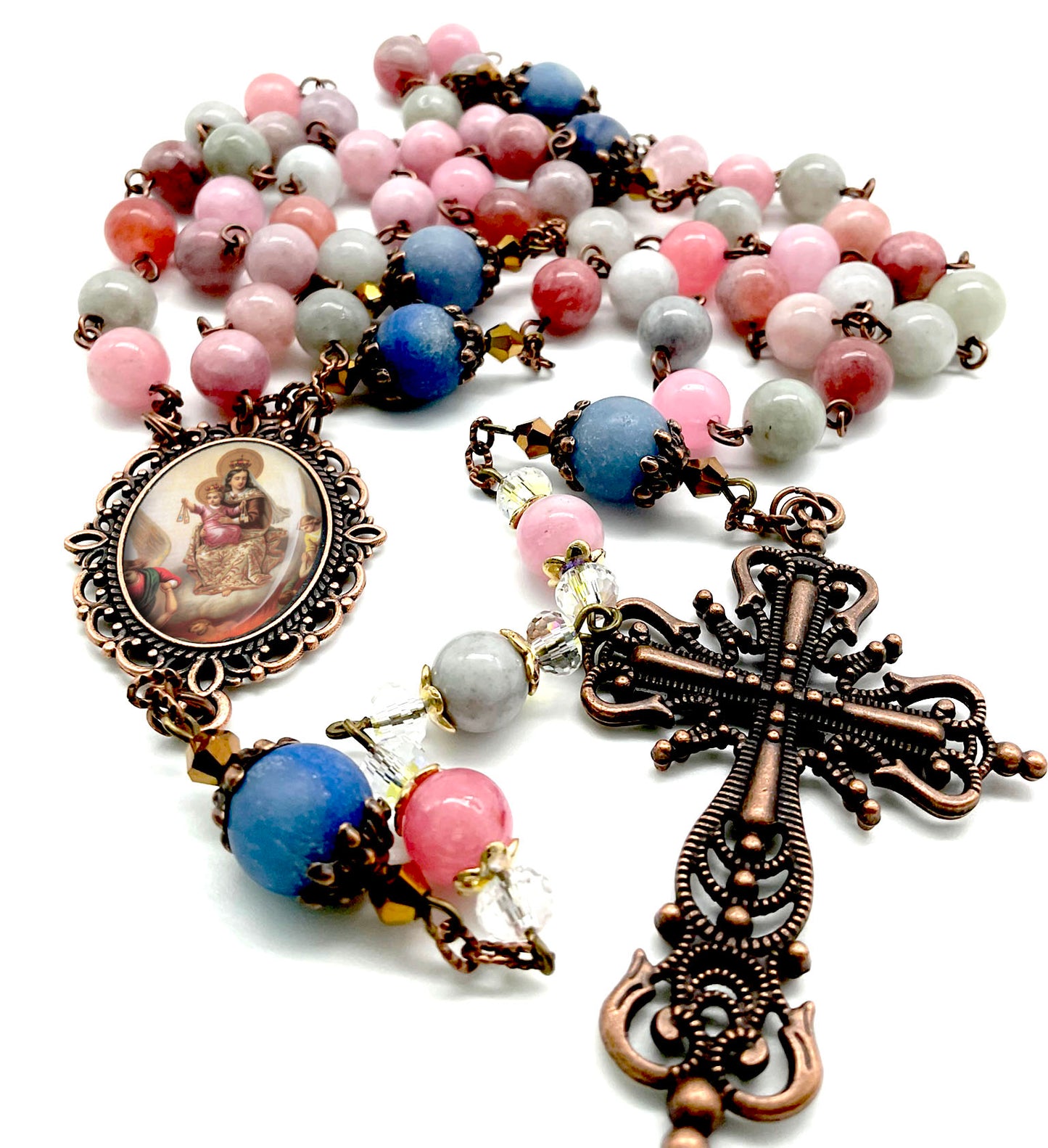 Our Lady of Mount Carmel Rosary Rainbow Jade and Matte Lapis Lazuli Beads
