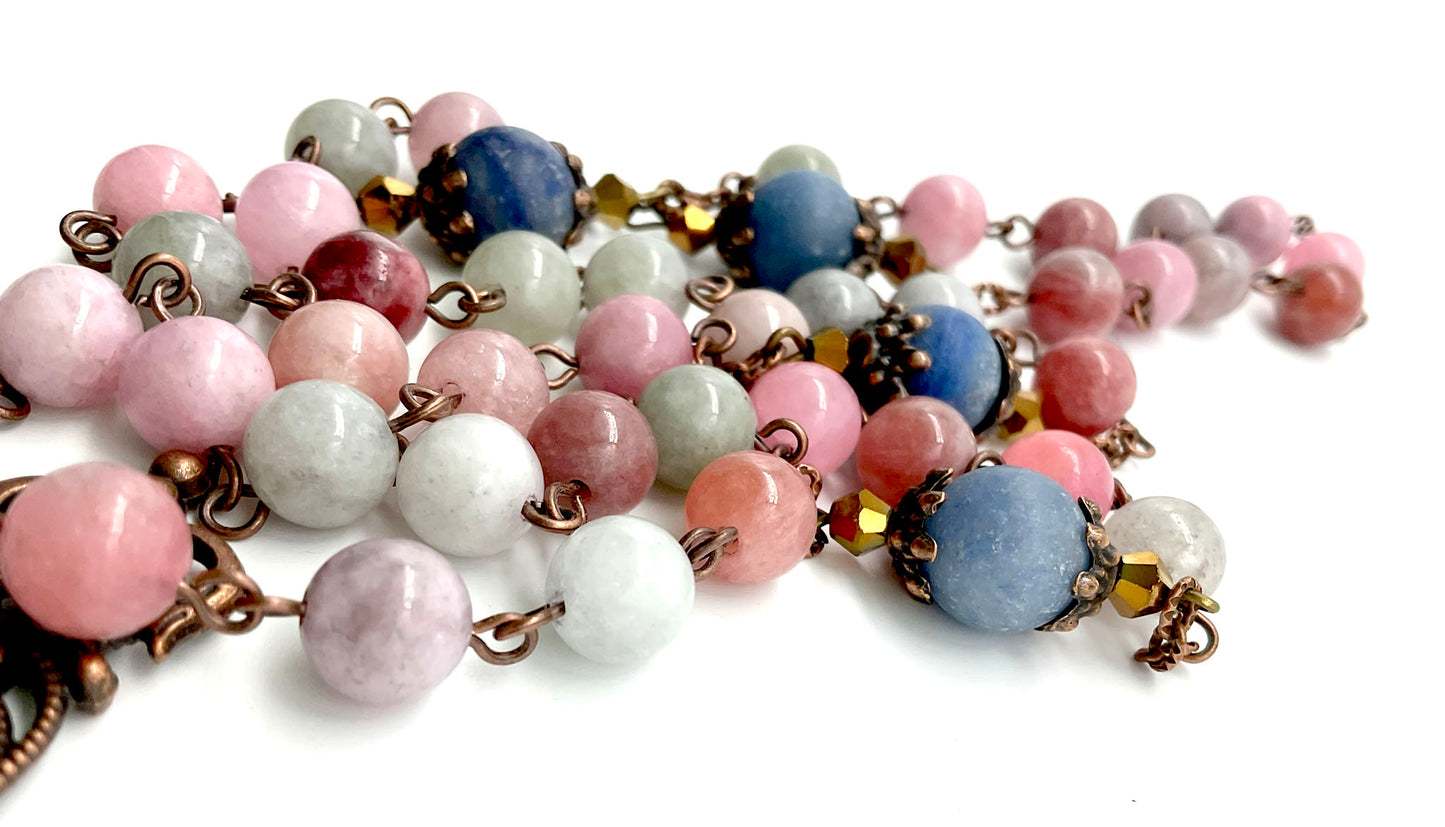 Our Lady of Mount Carmel Rosary Rainbow Jade and Matte Lapis Lazuli Beads