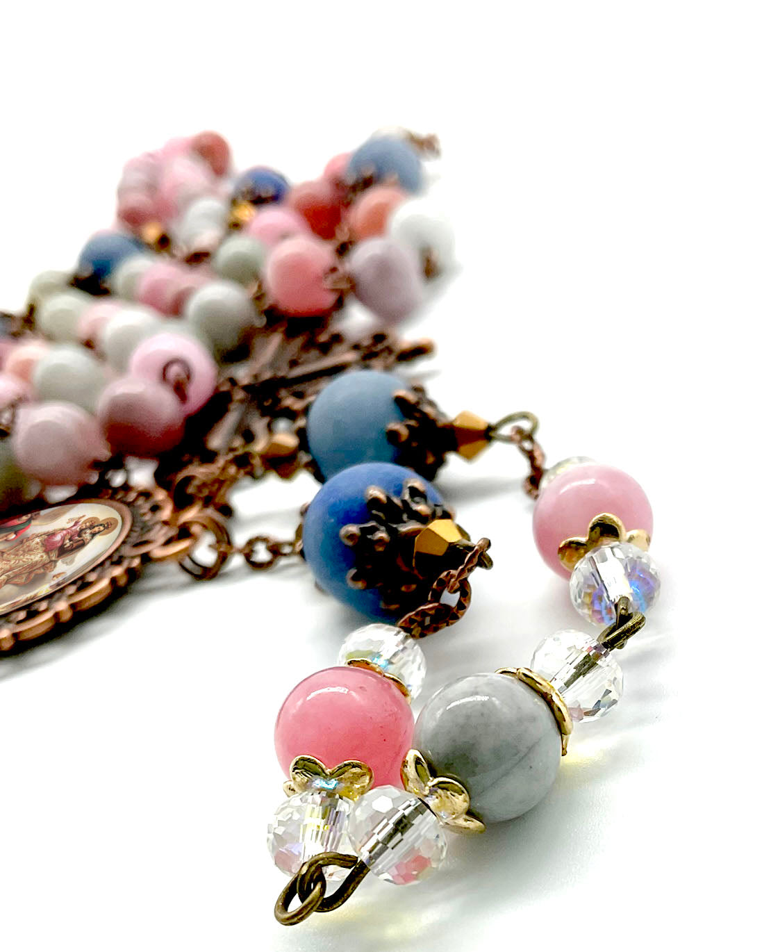 Our Lady of Mount Carmel Rosary Rainbow Jade and Matte Lapis Lazuli Beads