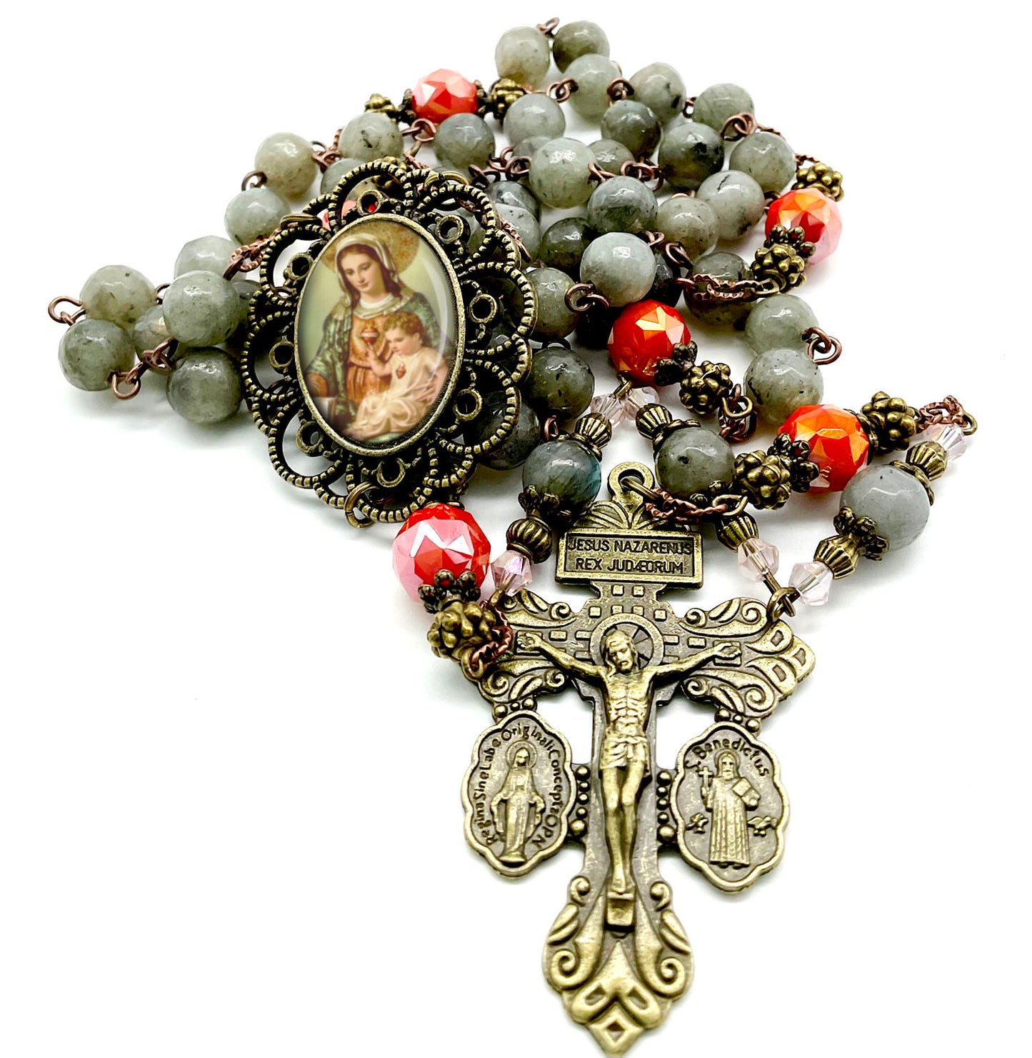 Immaculate Heart Mary and Baby Jesus Rosary Labradorite Beads Bronze Pardon Crucifix