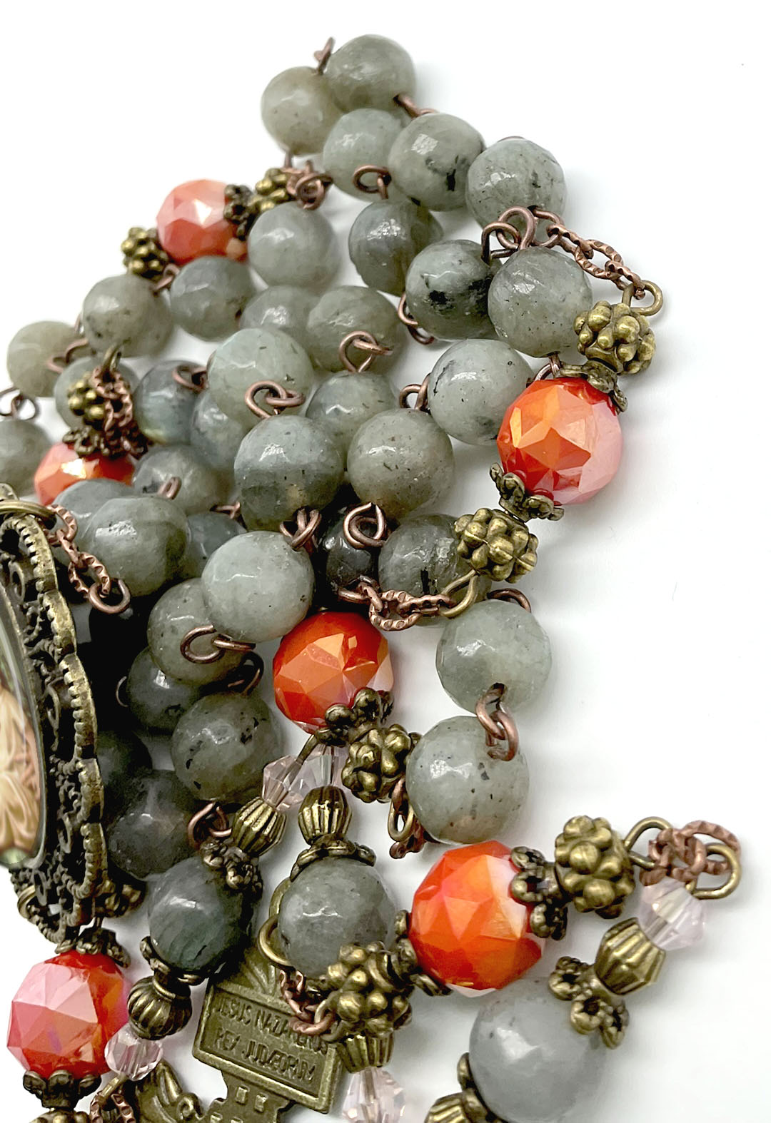 Immaculate Heart Mary and Baby Jesus Rosary Labradorite Beads Bronze Pardon Crucifix