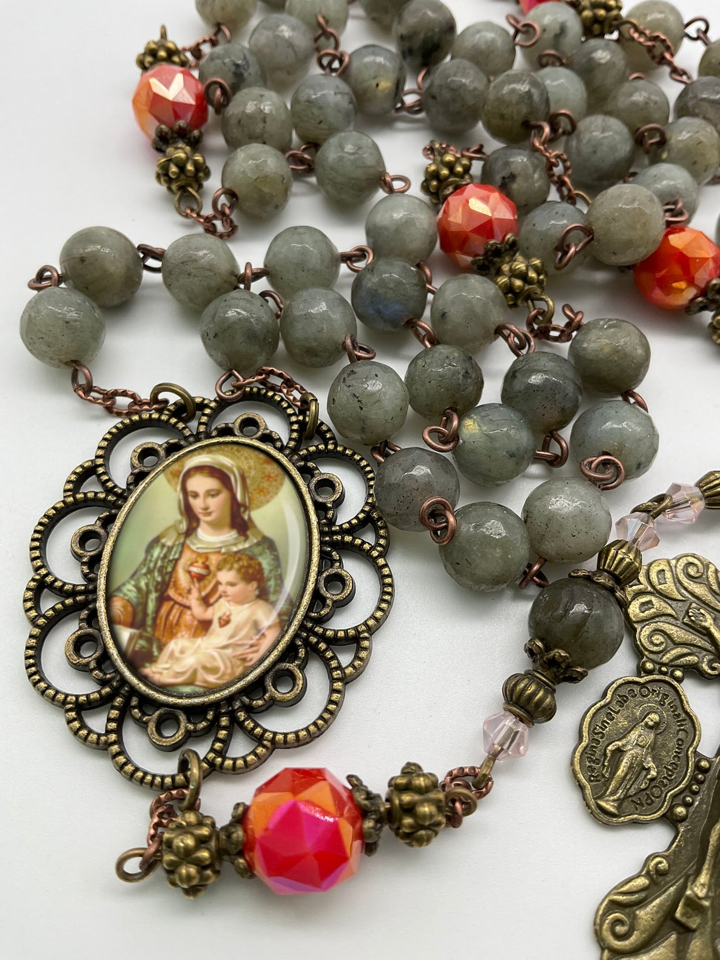 Immaculate Heart Mary and Baby Jesus Rosary Labradorite Beads Bronze Pardon Crucifix