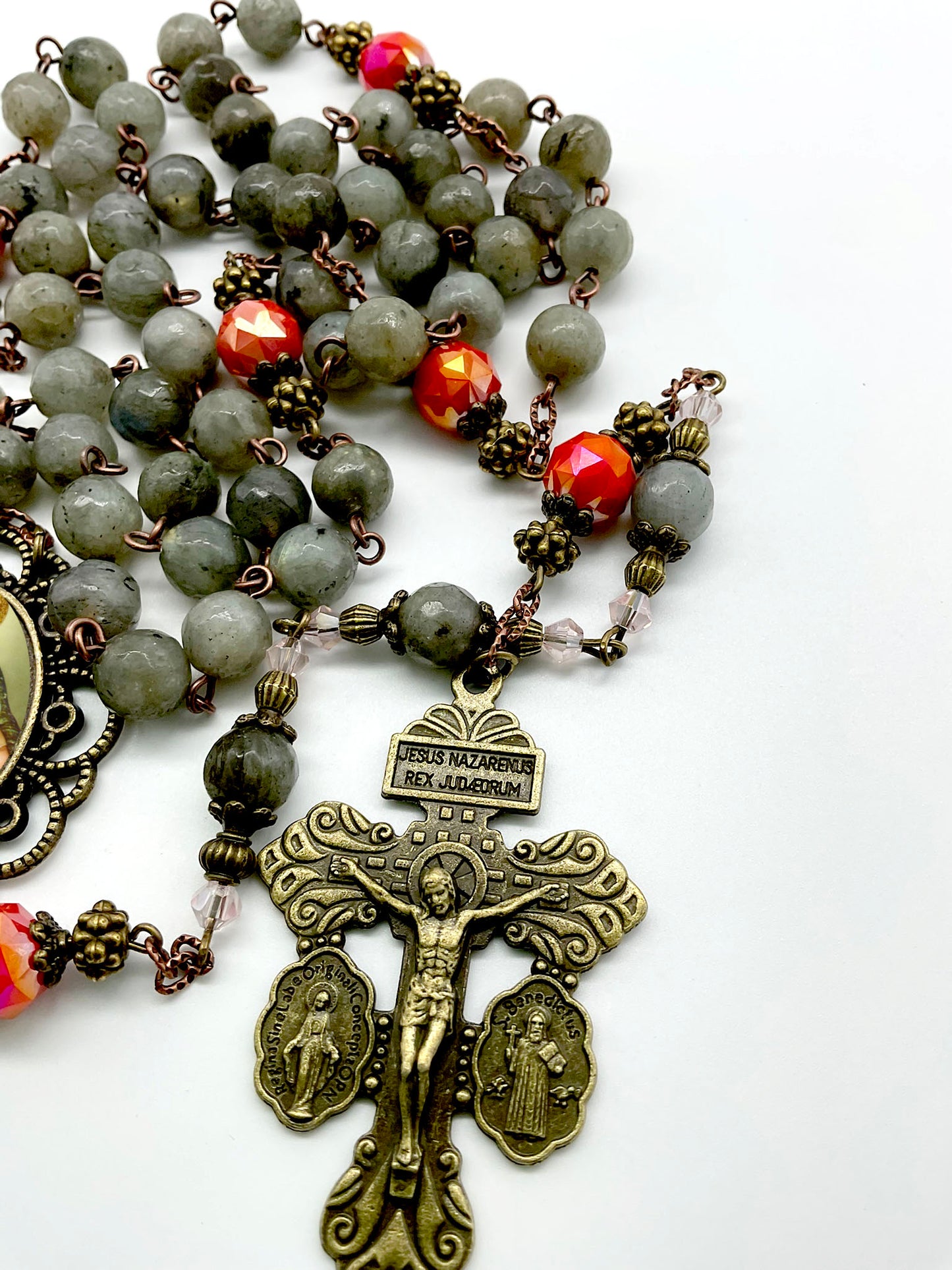 Immaculate Heart Mary and Baby Jesus Rosary Labradorite Beads Bronze Pardon Crucifix
