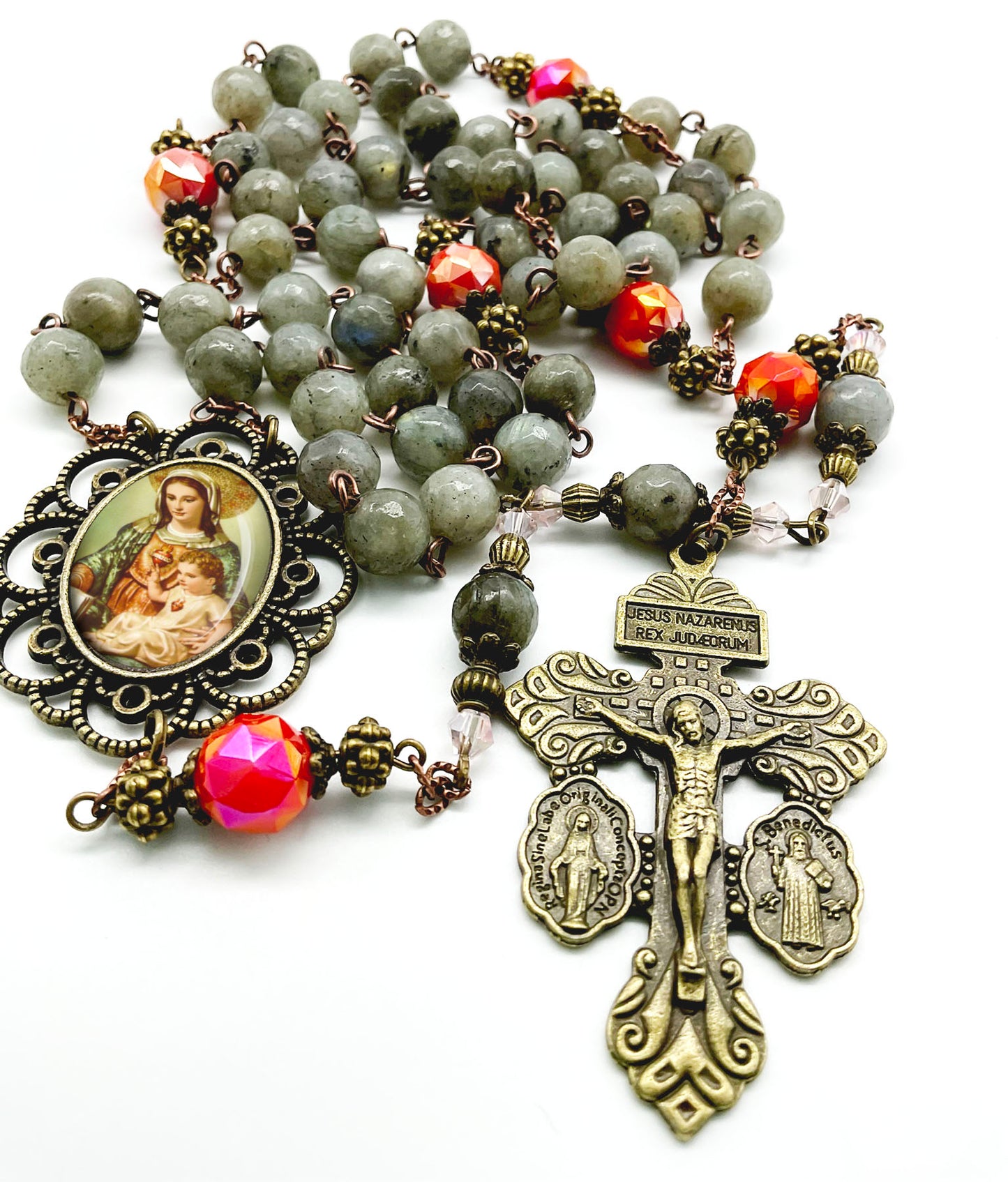 Immaculate Heart Mary and Baby Jesus Rosary Labradorite Beads Bronze Pardon Crucifix