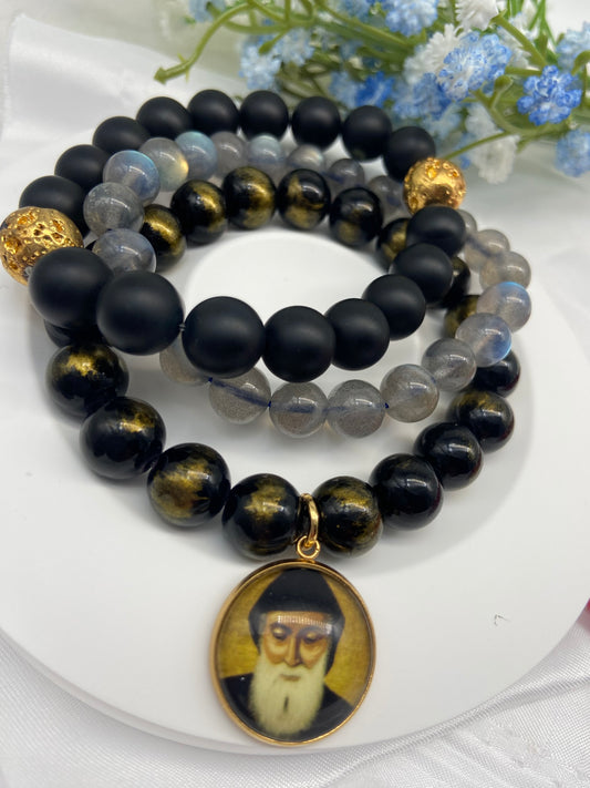St Charbel Catholic Set of 3 Stretch Bracelets | Labradorite, Black Onyx, Gold Lava Stones Saint Charbel Charm