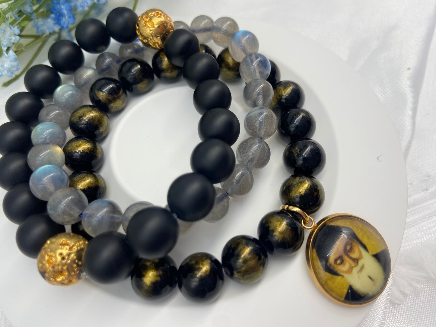 St Charbel Catholic Set of 3 Stretch Bracelets | Labradorite, Black Onyx, Gold Lava Stones Saint Charbel Charm