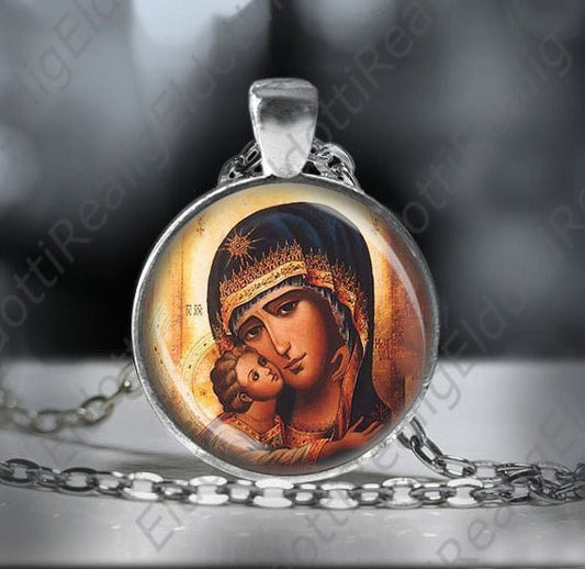 Mary Mother of Jesus Religious Necklace Madonna Icon Medal Silvertone Pendant