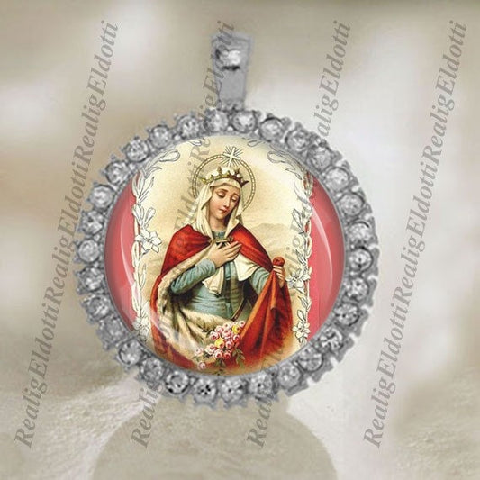 St. Elizabeth of Hungary Catholic Religious Silver Tone Medal Pendant / Charm Cabochon