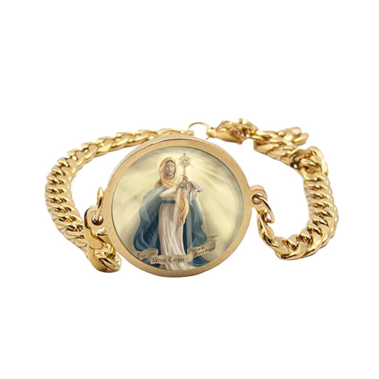 Our Lady Blessed Sacrament Curb Bracelet Gold or Silver tone Religious Jewelry Simple Chain