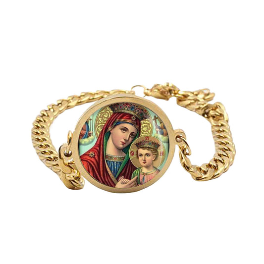 Our Lady Perpetual Mary Curb Bracelet Gold or Silver tone Religious Jewelry Simple Chain