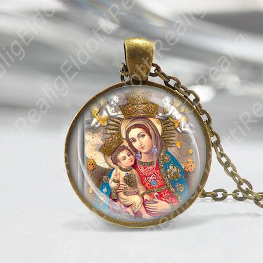 Madonna of Valverde Catholic Necklace Medal Religious Pendant Virgin Mary Jesus Crown Angels Bronze Tone Round