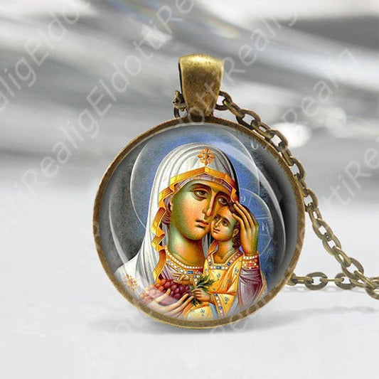 Madonna and Child Orthodox Icon Necklace Medal Religious Pendant Bronze Mother Mary and Baby Jesus w Grapes Jewelry