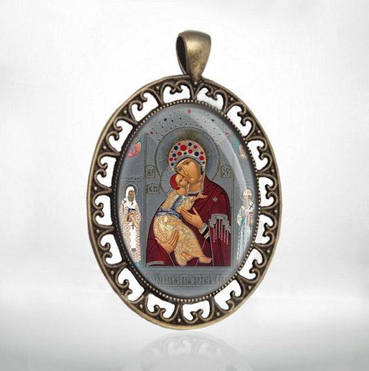 Volokolamskaya Mother of God Theotokos Orthodox Icon Medal Bronze Mary and Baby Pendant Oval