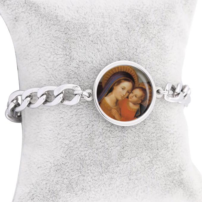 Our Lady Good Counsel Mary And Child Curb Bracelet Gold or Silver tone Religious Jewelry Simple Chain