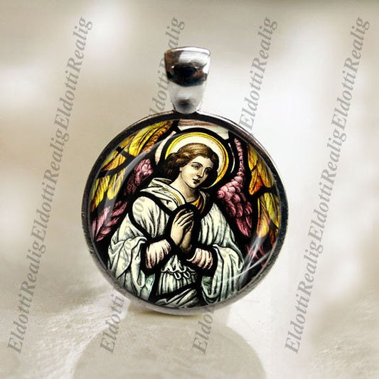 Angel of the Lord Christian Silvertone Medal Pendant Cabochon Religious Jewelry