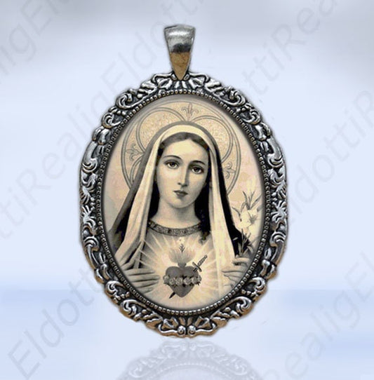 Immaculate Heart of Mary Catholic Christian Sepia Color Medal Silvertone Pendant Charm