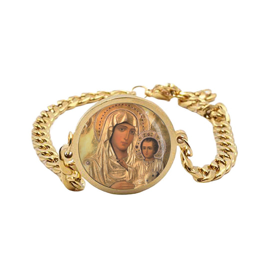 Our Lady Jerusalem Curb Bracelet Gold or Silver tone Religious Jewelry Simple Chain
