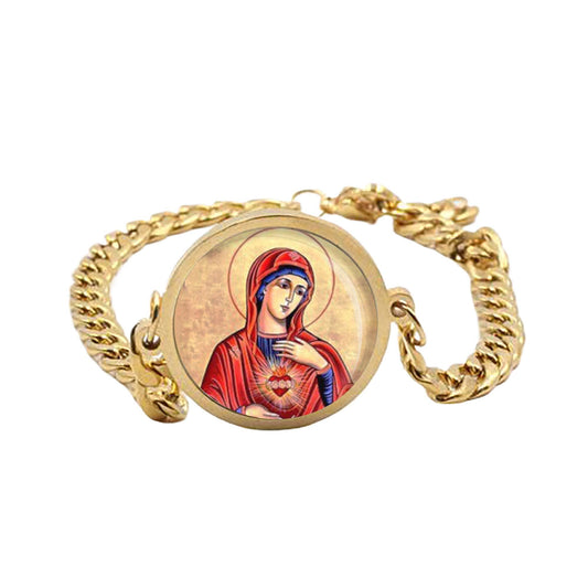 Mary Immaculate Heart Curb Bracelet Gold or Silver tone Religious Jewelry Simple Chain