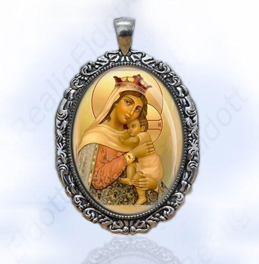 Blessed Virgin Mary and Jesus Child - Catholic Medal Religious Jewelry Silver Tone Oval Pendant