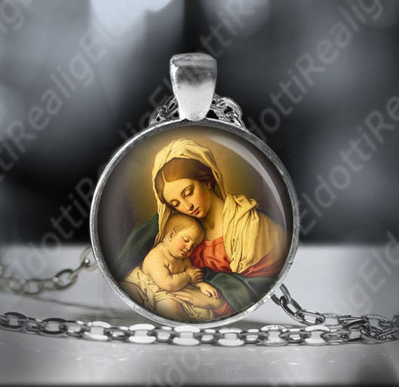 Our Blessed Virgin Mother Mary w Baby Jesus Necklace. Catholic Religious Pendant